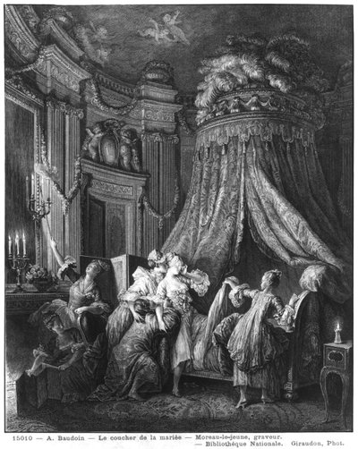 Die Schlafzeremonie der Braut, graviert von Jean-Michel Moreau, genannt der Junge von Pierre Antoine Baudouin
